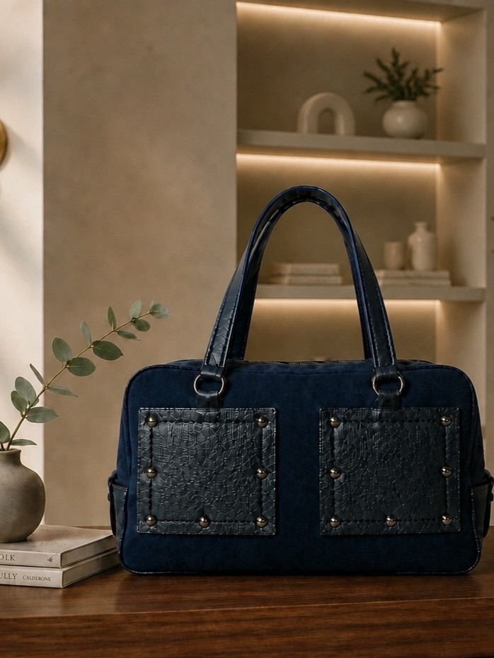 Rare/Htf Marc By Marc Jacobs Navy, Studded, Leather And Suede Sachel Doctor Bag